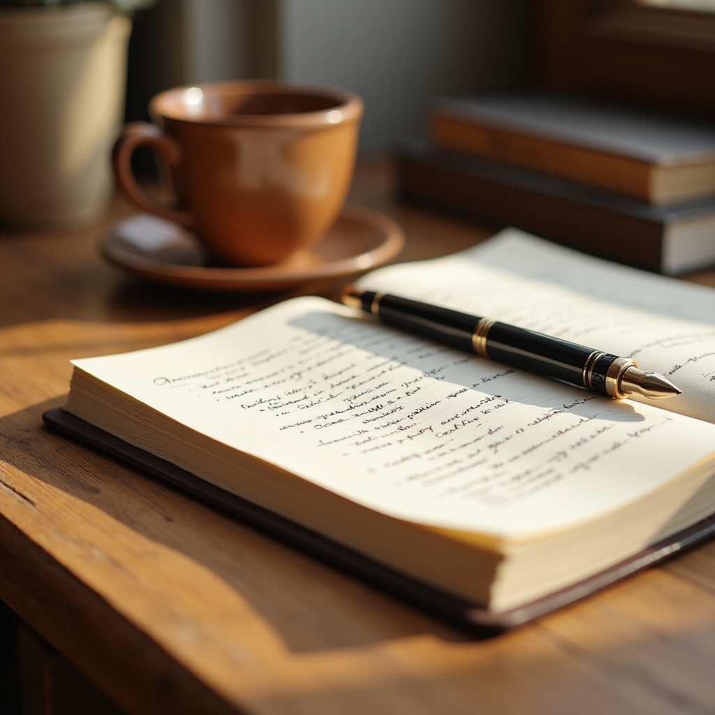Scrivania con quaderno di appunti, penna e tazza di caffè, luce naturale morbida proveniente da una finestra laterale